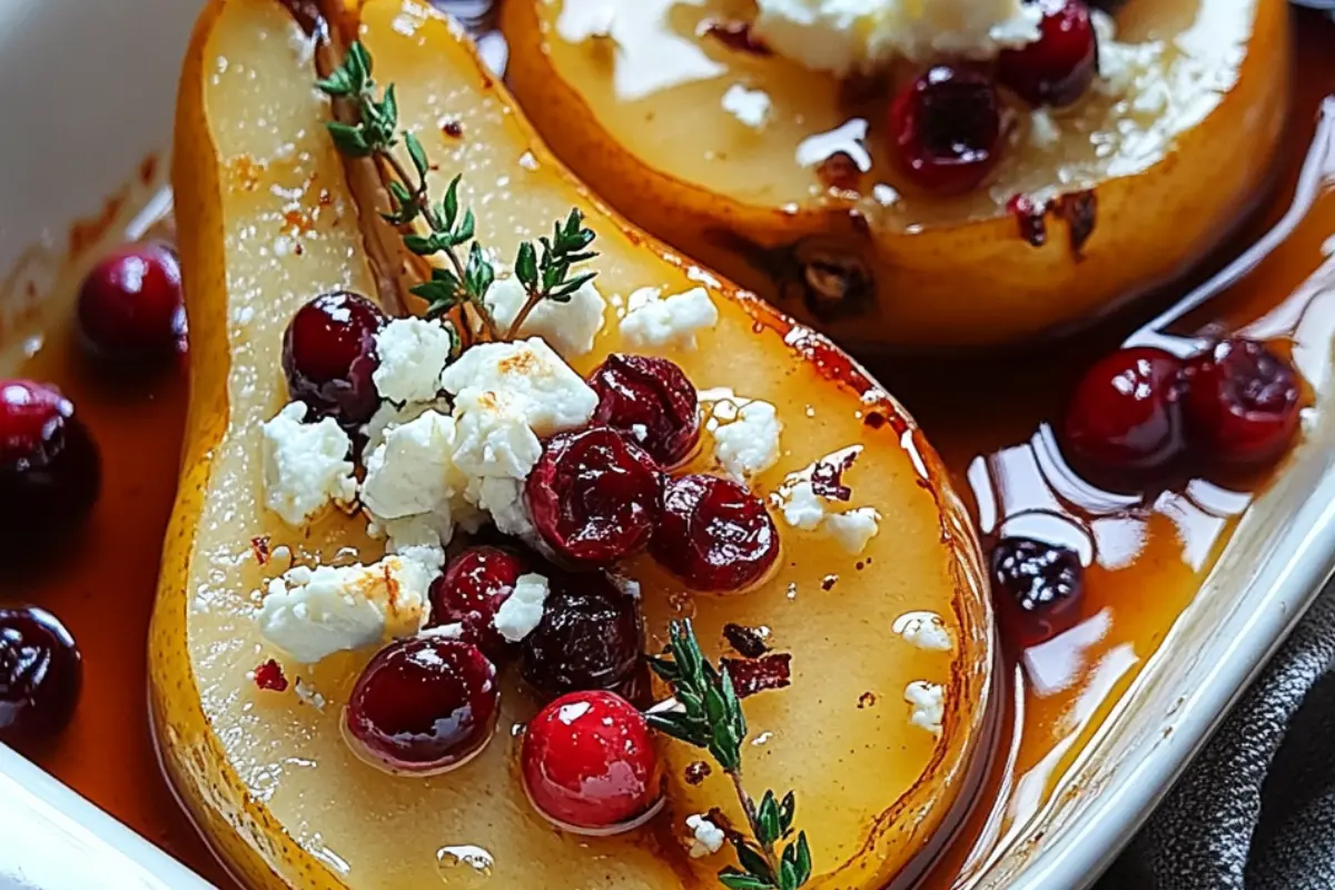 Baked Pears with Feta, Honey, and Cranberries