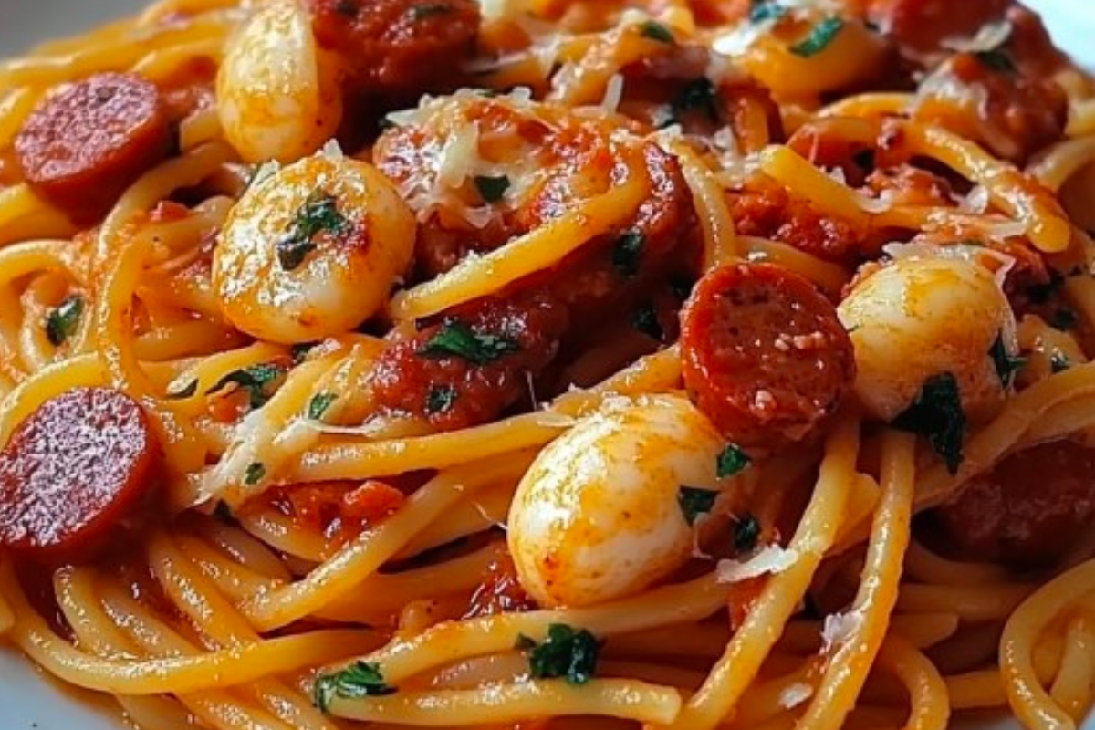 Spaghetti with Bell Pepper Cream, Shrimp, and Smoked Beef